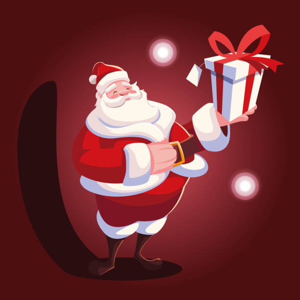 ilustrações de stock, clip art, desenhos animados e ícones de christmas card of santa claus with gift box - belt men gift night