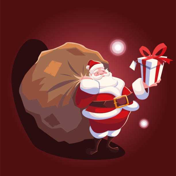 ilustrações de stock, clip art, desenhos animados e ícones de christmas card of santa claus with bag of gifts - belt men gift night