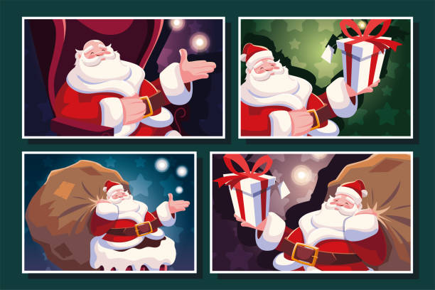 ilustrações de stock, clip art, desenhos animados e ícones de bundle christmas cards with santa claus - belt men gift night