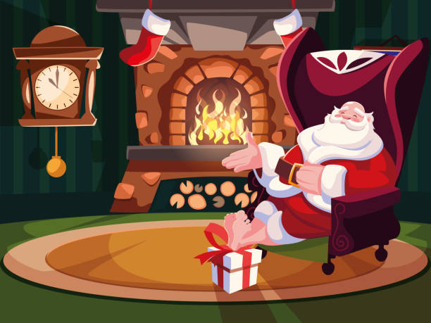 ilustrações de stock, clip art, desenhos animados e ícones de christmas card of santa claus sitting on sofa - belt men gift night