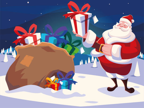 ilustrações de stock, clip art, desenhos animados e ícones de christmas card of santa claus with bag of gifts in winter landscape - belt men gift night