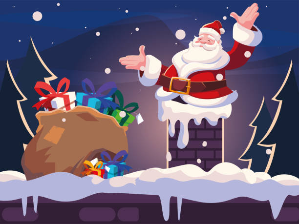 ilustrações de stock, clip art, desenhos animados e ícones de christmas card of santa claus entering the chimney - belt men gift night