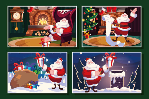 ilustrações de stock, clip art, desenhos animados e ícones de bundle christmas cards with santa claus - belt men gift night