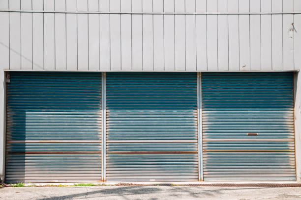 Closed metal shutter door of building