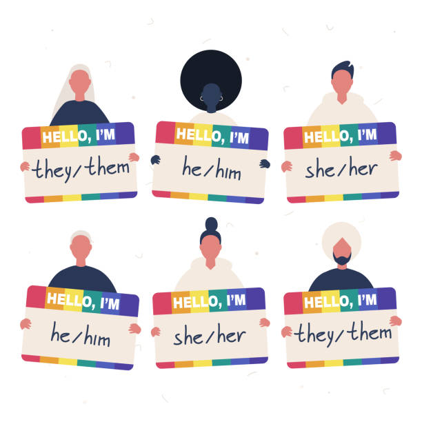 A group of young diverse characters holding the rainbow badges with their gender pronouns - she, he, they A group of young diverse characters holding the rainbow badges with their gender pronouns - she, he, they gender identity stock illustrations