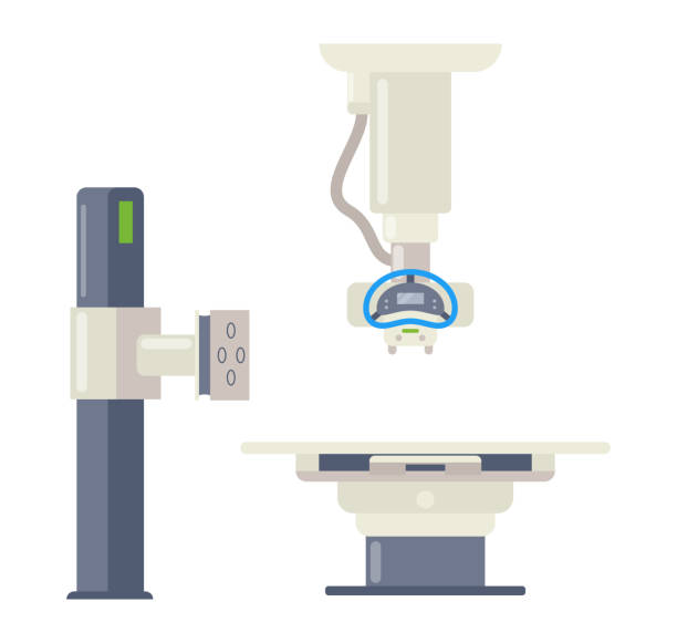 Hospital medical equipment. Medical devices x-ray machin Hospital medical equipment. Medical devices x-ray machine, radiology room equipment. Health system and monitoring oncology diseases vector cartoon connecticut stock illustrations