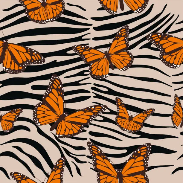 Vector illustration of Zebra seamless pattern. Animal print with butterflies. Baroque trend. Vector illustration