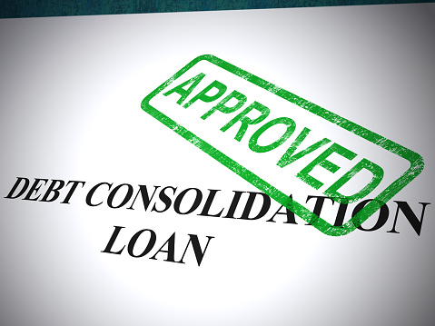 Debt consolidation approved form shows approval of agreed loan. Consolidated debts help indebtedness and money owed - 3d illustration