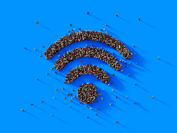 istock Human Crowd Forming Wireless Icon on Blue Background - Wi-Fi Concept 1180126662