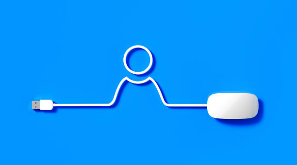 weiße maus kabel bilden ein menschliches symbol auf blauem hintergrund - input device usb cable sharing symbol stock-fotos und bilder