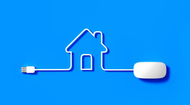white mouse cable forming a house symbol on blue background - input device usb cable sharing symbol imagens e fotografias de stock