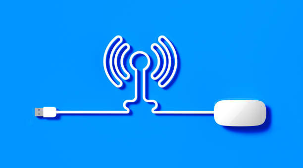 white mouse cable forming a wireless symbol on blue background - input device usb cable sharing symbol imagens e fotografias de stock