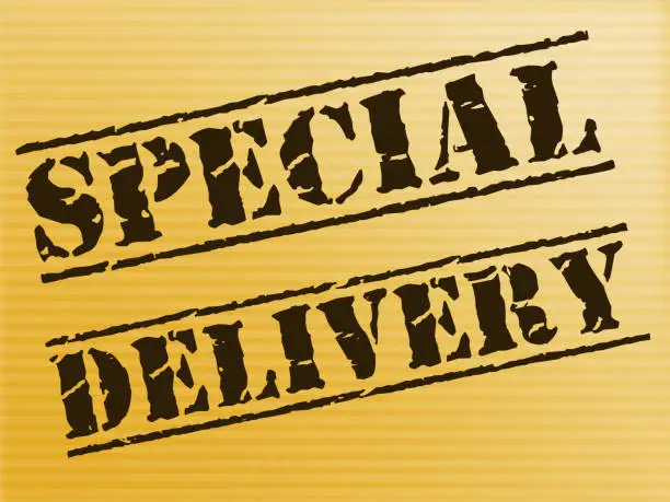 Special delivery stamp means priority mail and fast service. Urgent delivery of a letter or parcel - 3d illustration