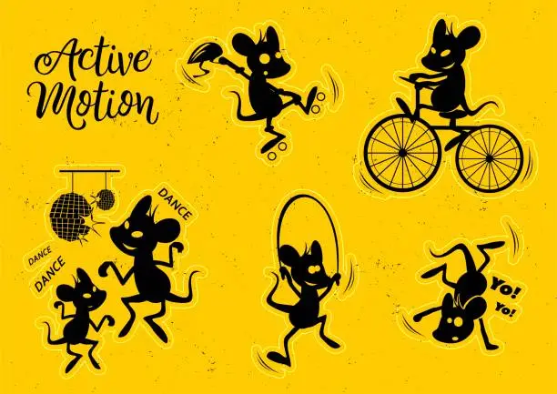 Vector illustration of Silhouette set mouse life. Activ Motion. Set 1.