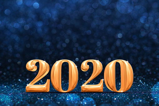 2020 golden new years 3d rendering at abstract sparkling dark blue glitter perspective background studio.luxury holiday backdrop.mock up banner for display of product.celebration festive greeting card