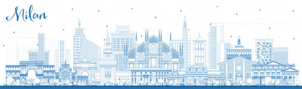 illustrazioni stock, clip art, cartoni animati e icone di tendenza di delinea lo skyline della città di milano italia con edifici blu. - milan