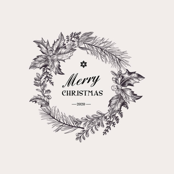 ilustraciones, imágenes clip art, dibujos animados e iconos de stock de corona con plantas de navidad. - vector holly christmas art