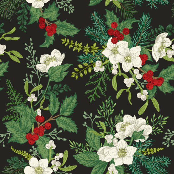 Seamless pattern with winter plants. Colorful seamless pattern with winter plants on a black background. Christmas magic background. Vector botanical illustration. christmas stars stock illustrations