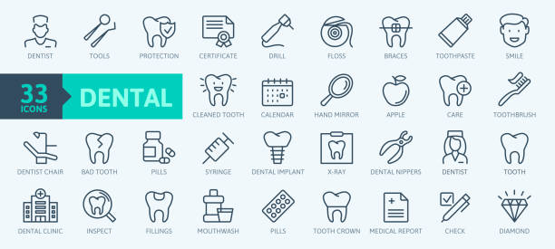 ilustraciones, imágenes clip art, dibujos animados e iconos de stock de elementos de la clínica dental - conjunto de iconos de la red de línea delgada. colección de iconos de esquema. ilustración vectorial simple. - dentist