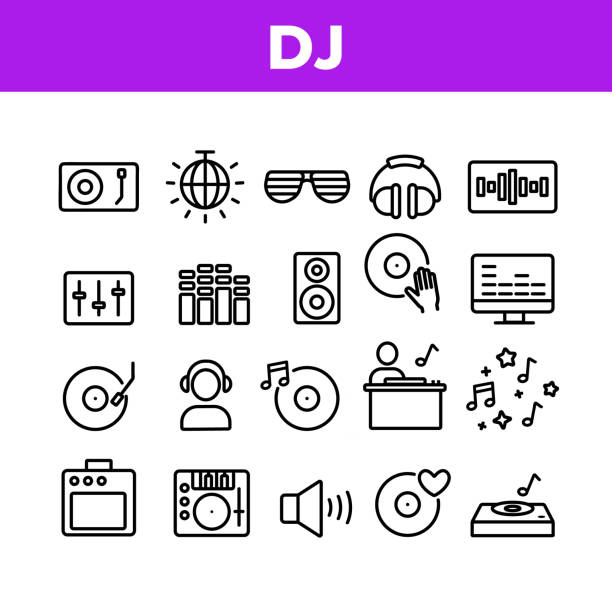 Dj Device Collection Elements Icons Set Vector Dj Device Collection Elements Icons Set Vector Thin Line. Dj Equipment And Dynamic, Monitor And Vinyl Record Retro Sound Carrier Plate Concept Linear Pictograms. Monochrome Contour Illustrations dj stock illustrations