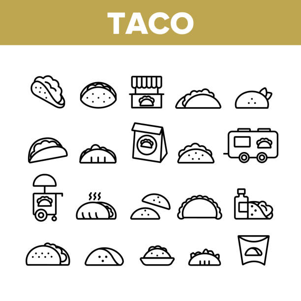 ilustrações, clipart, desenhos animados e ícones de ícones dos elementos da coleção do burrito do taco ajustados - taco chips