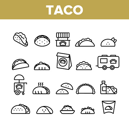 Taco Burrito Collection Elements Icons Set Vector Thin Line. Cafe On Wheel And Cart, Package And Cardboard Pack Mexican Lunch Food Concept Linear Pictograms. Monochrome Contour Illustrations
