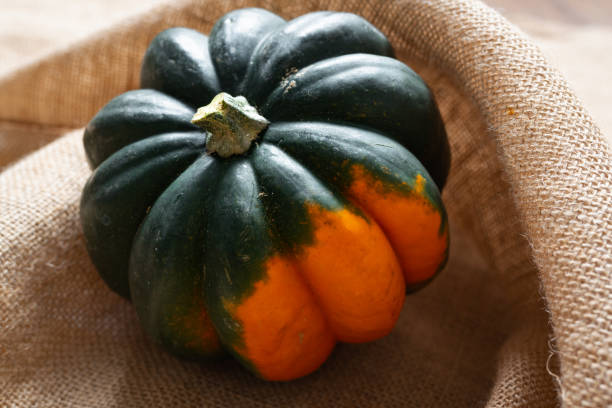 Acorn squash close up, rustic background