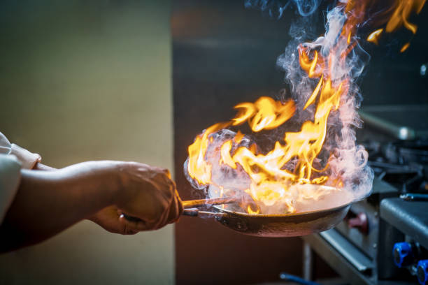 Outdoor cooking. Frying food.