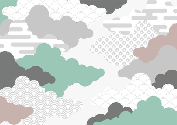 ilustrações, clipart, desenhos animados e ícones de ilustração do fundo da nuvem com teste padrão japonês névoa seigaiha kanoko abertura - seigaiha