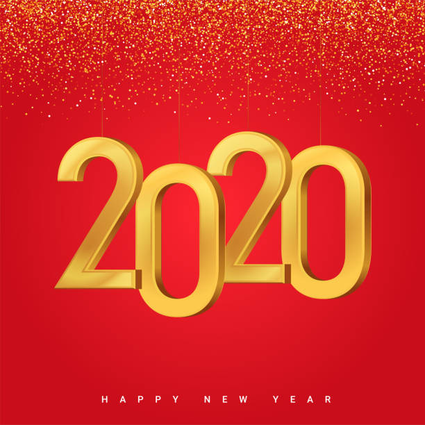 istock Happy New Year 2020.Shiny golden Christmas confetti on a red background. 1180152694
