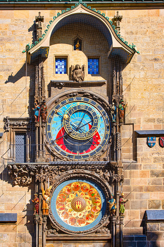 The Prague Astronomical Clock, located on the southern wall of the Old Town Hall in the Old Town Square.