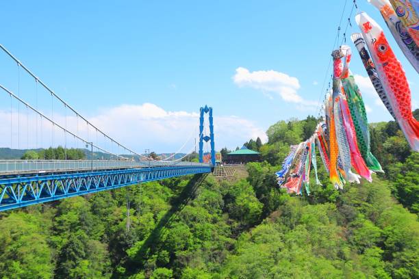 Large suspension bridge Carp streamers raised for children's day only ibaraki prefecture stock pictures, royalty-free photos & images