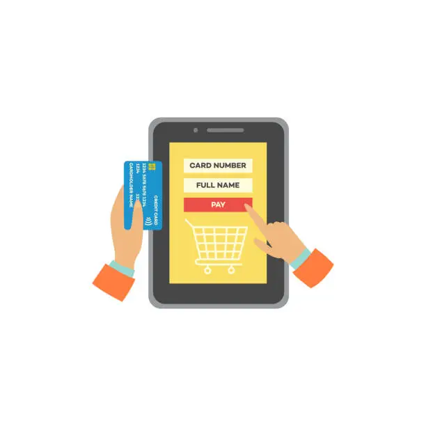 Vector illustration of Online shopping scene with market app with cart on digital tablet and human hands holding credit card.