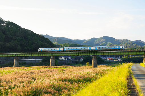 Train crossing the iron bridge at dusk