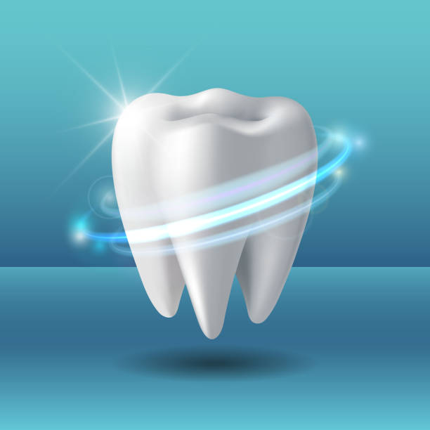 illustrazioni stock, clip art, cartoni animati e icone di tendenza di vortice protettivo intorno al dente. sbiancamento dei denti umani. - sbiancamento dentale