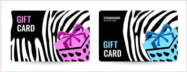 Vector illustration of Bright card with black and white stripes and pink box. Creative Gift card.