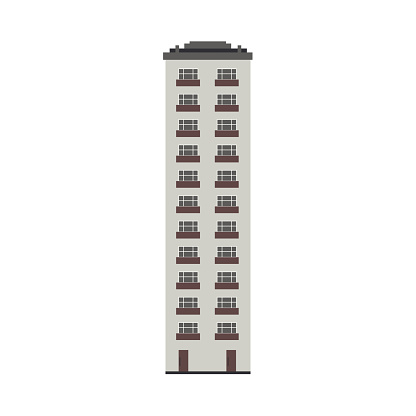 Apartment building house exterior icon. City modern architecture, dormitory area object. Dwelling house, residental building skyscraper. Cityscape design element. Vector flat illustration