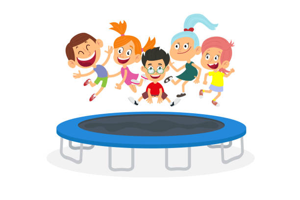 ilustrações, clipart, desenhos animados e ícones de miúdos energéticos que saltam no trampoline isolado no fundo branco. - trampolim