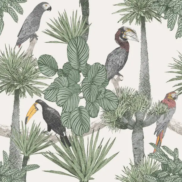 Vector illustration of Tropical Birds & Palm Trees Repeat