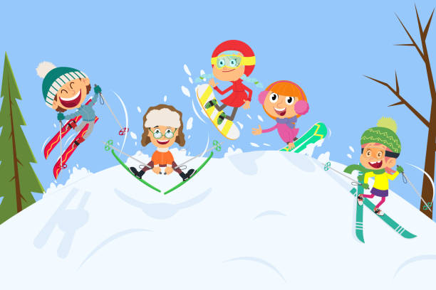 kleine skifahrer in der winterlandschaft. - jumping little girls child teenage girls stock-grafiken, -clipart, -cartoons und -symbole