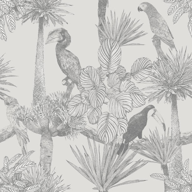 ilustraciones, imágenes clip art, dibujos animados e iconos de stock de repetición sin costuras de aves tropicales y palmeras - plant animal backgrounds nature