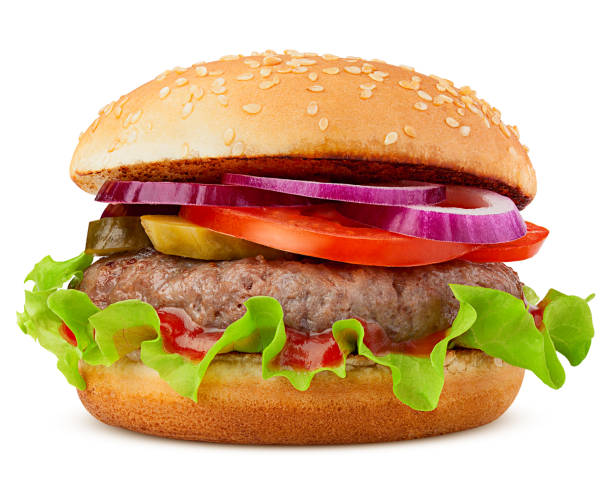 pyszne fast food, burger, hamburger, cheeseburger, izolowane na białym tle, pełna głębia ostrości, ścieżka przycinania - cucumber salad grilled barbecue zdjęcia i obrazy z banku zdjęć