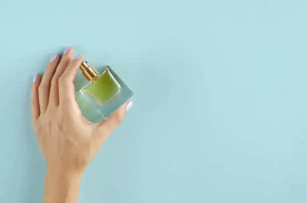 Photo of Hand with perfume bottle composition on blue background.