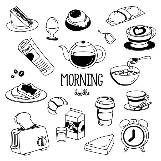 Hand drawing styles morning things. Morning doodle. Hand drawing styles morning things. Morning doodle. food cake tea sketch stock illustrations