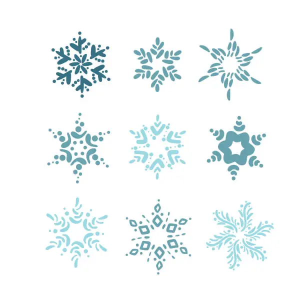 Vector illustration of Set of hand drawn blue Christmas vintage scandinavian snowflakes. Xmas decorative design element in retro style, isolated winter vector illustration