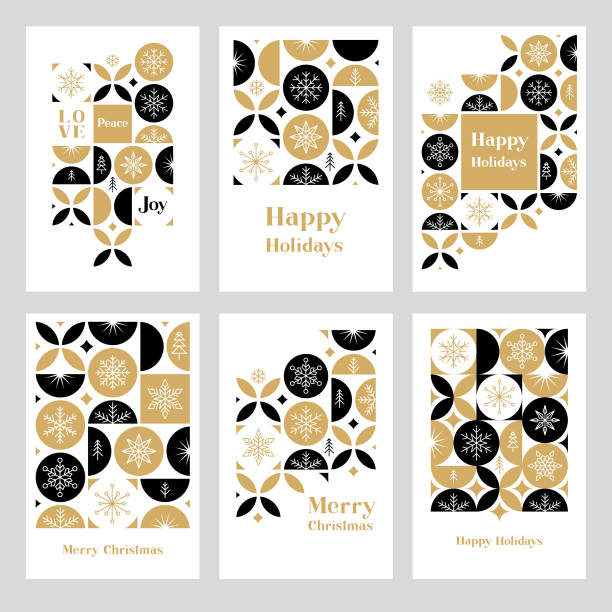 Holiday greeting card set with snowflakes Modern Christmas card set. Snowflakes on geometric background.
Easily editable. Flat vectors on layers. christmas card illustrations stock illustrations