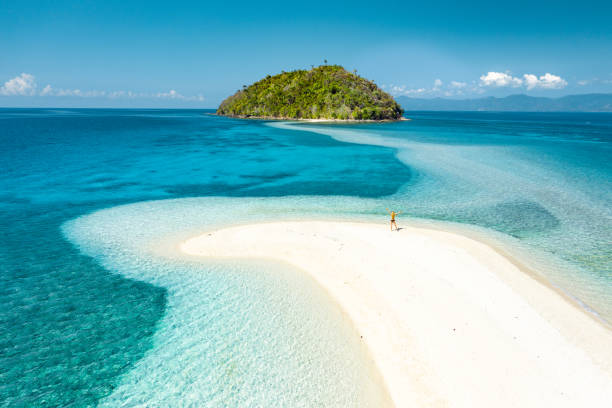 istock Happy woman standing on a perfect beach 1180174095