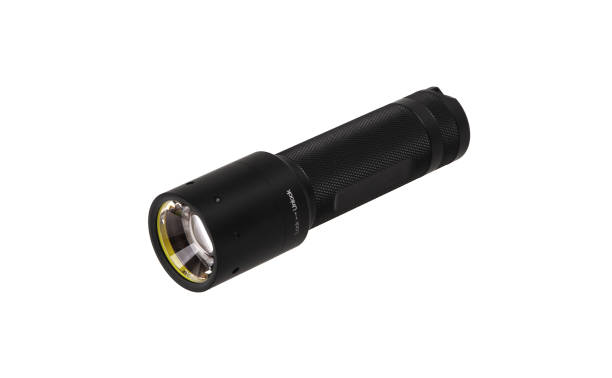 istock modern black metal flashlight isolated on white background 1180175898
