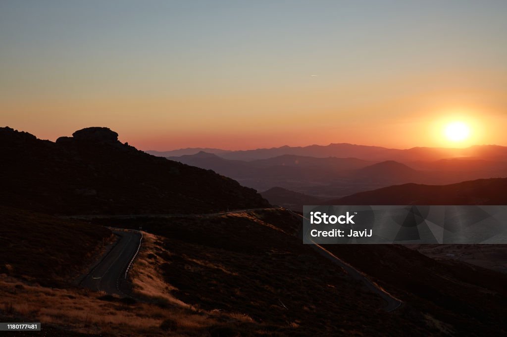 The colors of the sunset from the Port of Peña negra (Peñanegra) located in the Sierra de Villafranca. Avila. Castile and Leon. Spain Port of Peña Negra (Peñanegra). Avila. Castile and León. Spain Castilla y León Stock Photo