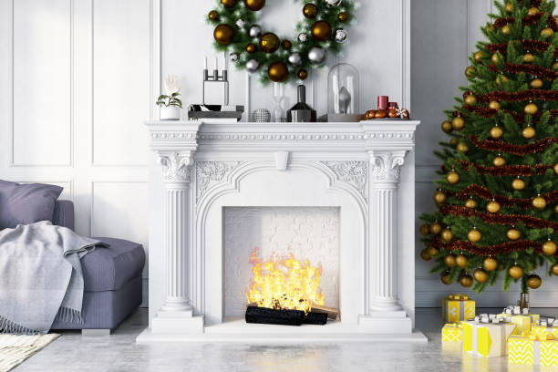 istock New Year Concept. Christmas Tree with Fireplace and Ornaments 1180179293